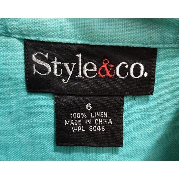 Style & Co Women's Short Sleeve Blouse Top Button Up 100% Linen Beaded Blue Sz 6 - Picture 6 of 8